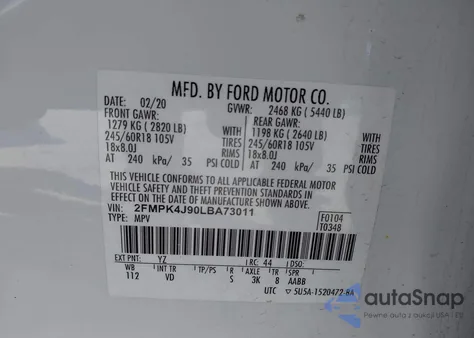 2020 Ford Edge Sel из США, поврежденный, VIN 2FMPK4J90LBA73011